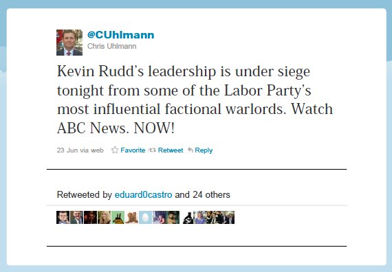 Chris Uhlmann's 7pm tweet on June 23, 2010