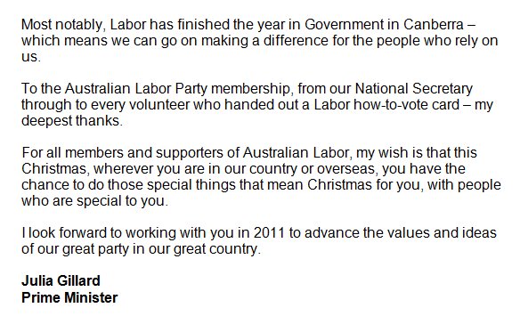 Julia Gillard's Christmas Message to Labor Supporters